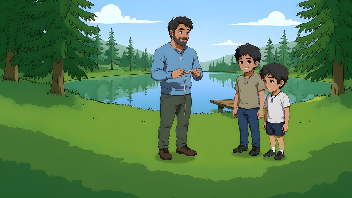 Uncle Paulok ties a knot while Amir and Damaan watch, on the grass by a forest lake